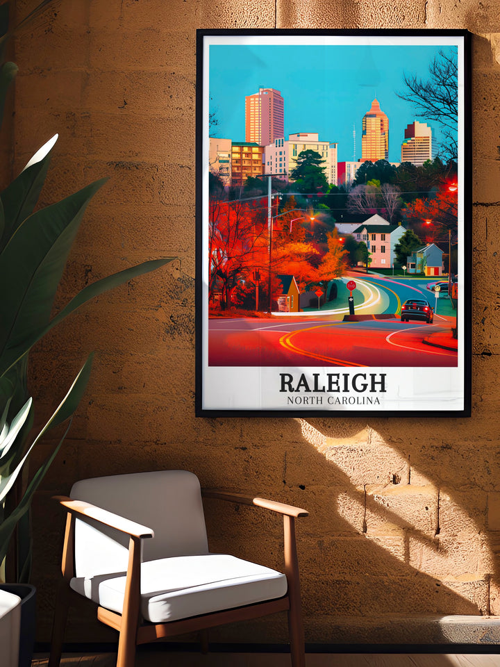 Elegant Raleigh travel print capturing the vibrant Raleigh skyline and the innovative spirit of the Research Triangle. This artwork beautifully showcases the dynamic nature of North Carolinas capital, making it an ideal addition to any decor