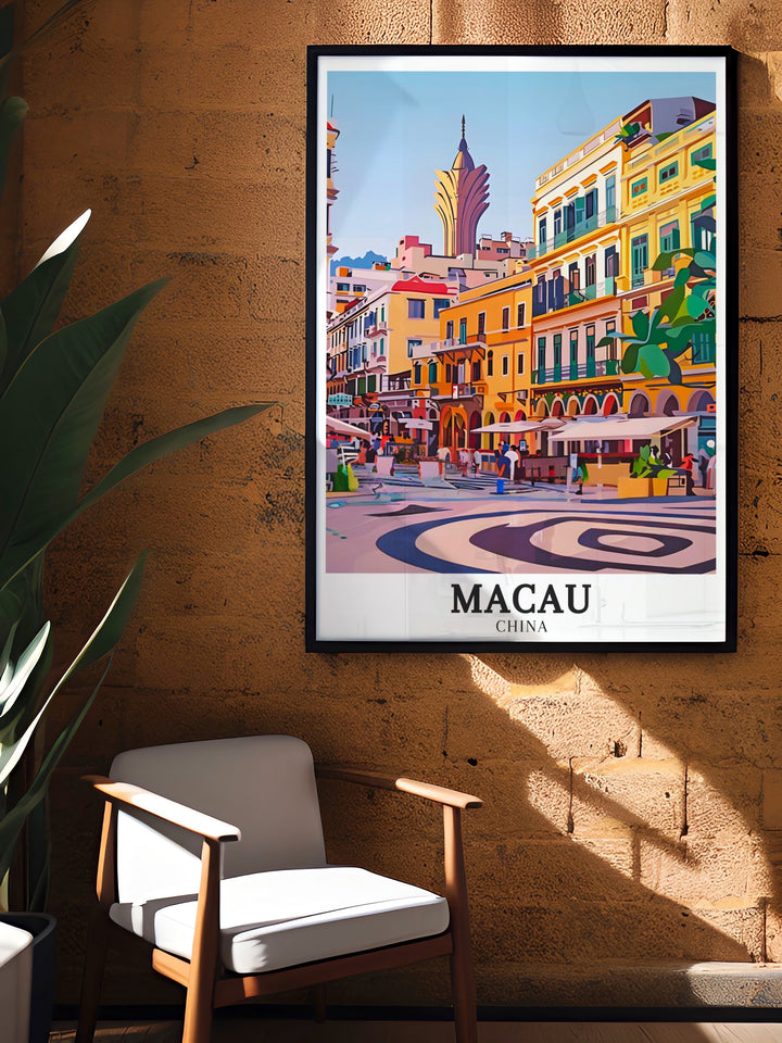 Celebrate your love for Macau with this stunning Macau Art Print featuring Senado Square Se landmarks A beautiful addition to any room this artwork is perfect for those who appreciate cultural art and historic sites