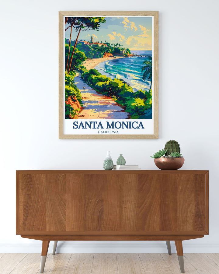 This Santa Monica travel print highlights the charm of Palisades Park and the bustling Ocean Avenue. With a focus on the beachs natural beauty and lively atmosphere, the print brings a serene yet vibrant coastal feel to your home. Perfect for beach lovers and travel enthusiasts.