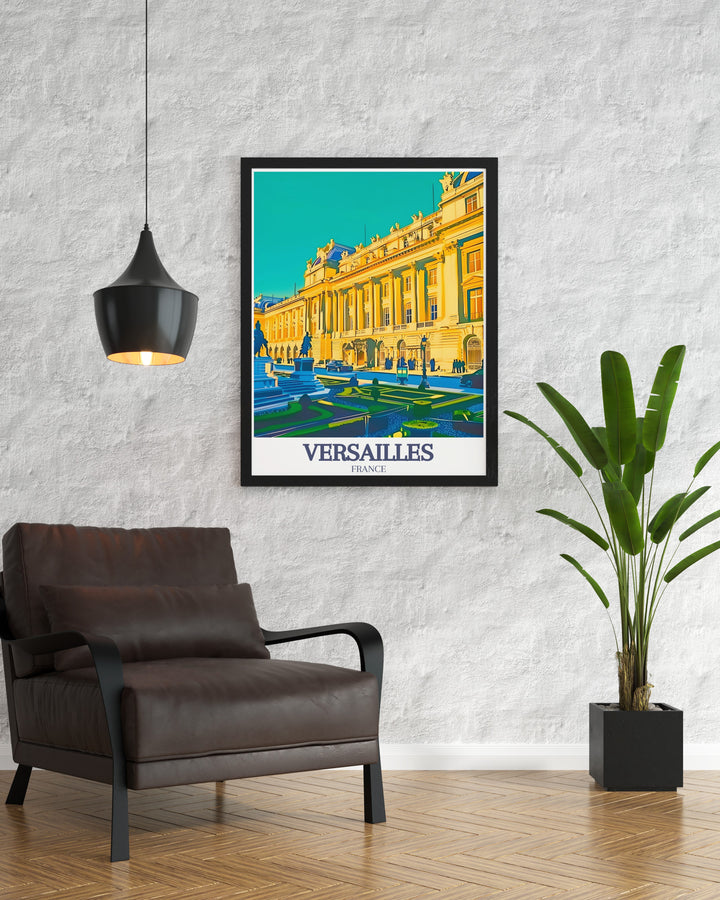 Palace of Versailles Poster Print capturing the elegance and power of this iconic French palace. The artworks bright colors and intricate details make it a unique addition to any space, perfect for vintage decor or modern interiors seeking a touch of history.