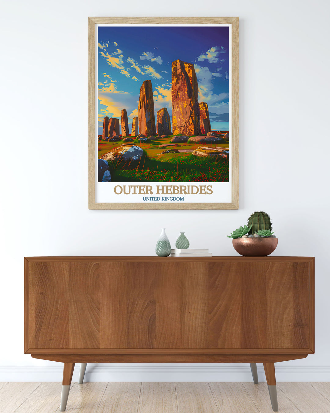 Elegant home decor with Benbecula poster and Callanish Standing Stones print ideal for creating a serene and captivating atmosphere in any room