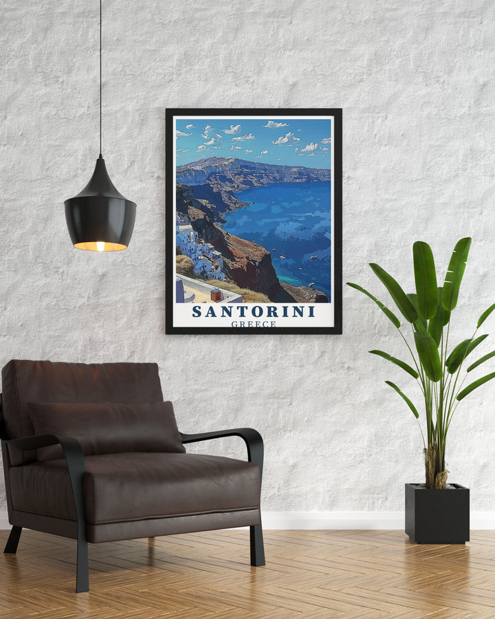 A stunning travel poster of Santorinis Caldera, reflecting its rich history and scenic beauty. Perfect for adding a touch of elegance and inspiration to your home decor.