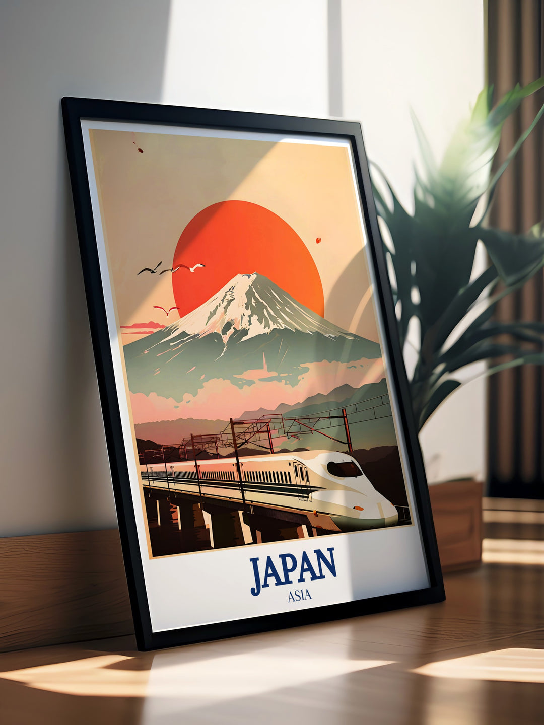 Nozomi bullet train custom print illustrating the speed and precision of Japans high speed rail system. This artwork combines modern technology with stunning landscapes, making it a perfect addition to any room.