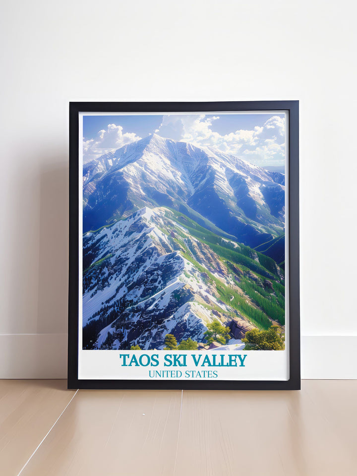 Delight in the thrill of Taos Ski Valley with this art print, capturing the exhilarating slopes and the resorts historical charm.