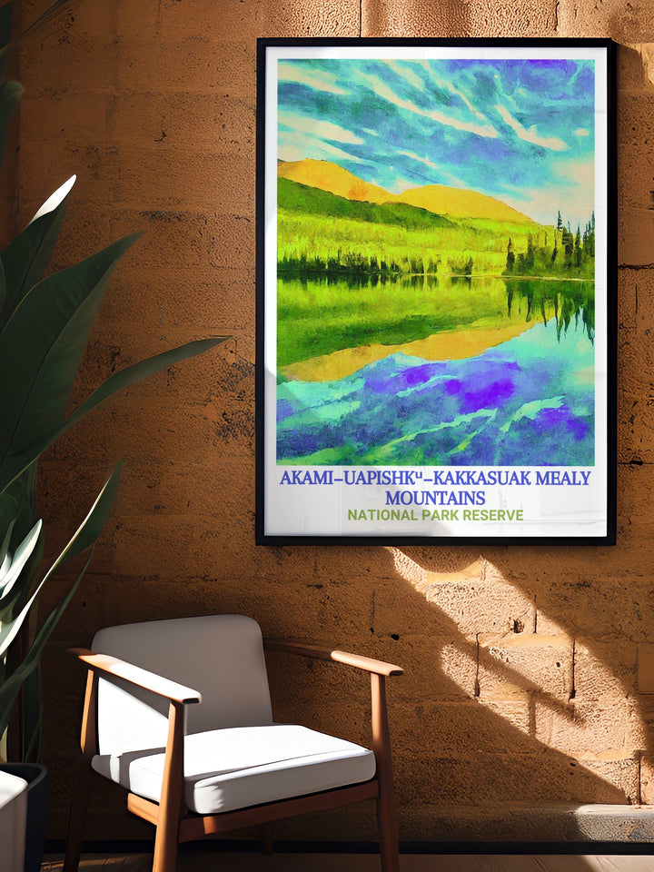 This Mealy Mountains print highlights the rugged and serene landscape of Newfoundlands largest national park. The travel poster is perfect for anyone looking to add a touch of Canadian wilderness to their home decor.