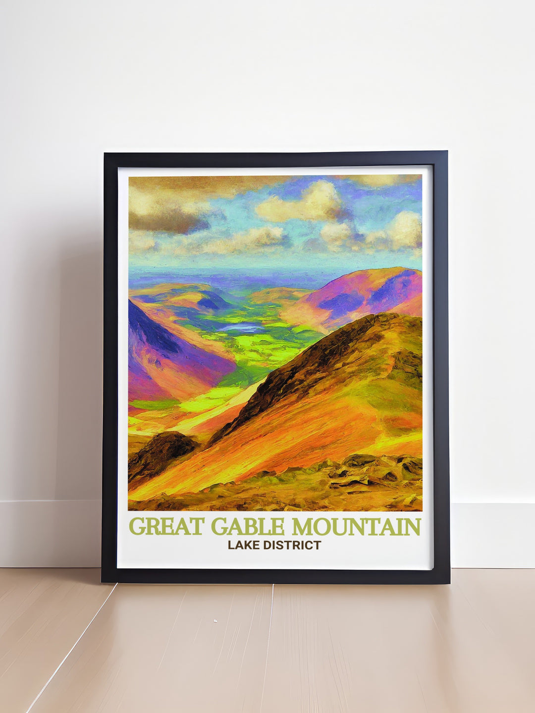 This Lake District canvas art celebrates the untouched beauty of one of Englands most famous national parks. Featuring Great Gable Mountain as its centerpiece, the artwork depicts the sweeping valleys, rocky outcrops, and serene atmosphere that define this region. Whether youre a nature enthusiast or simply love travel art, this canvas adds a touch of natural elegance to any space.