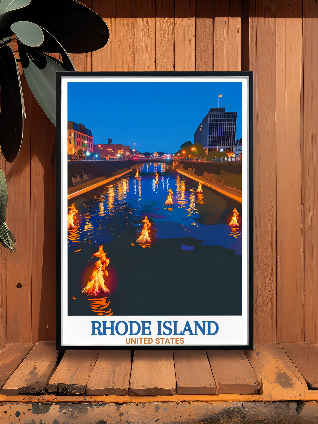 A beautifully crafted travel poster of WaterFire, Rhode Island, highlighting the captivating light display and reflecting waters of Providence. This print is ideal for those who love artistic events and want to bring a piece of Rhode Islands unique culture into their home.