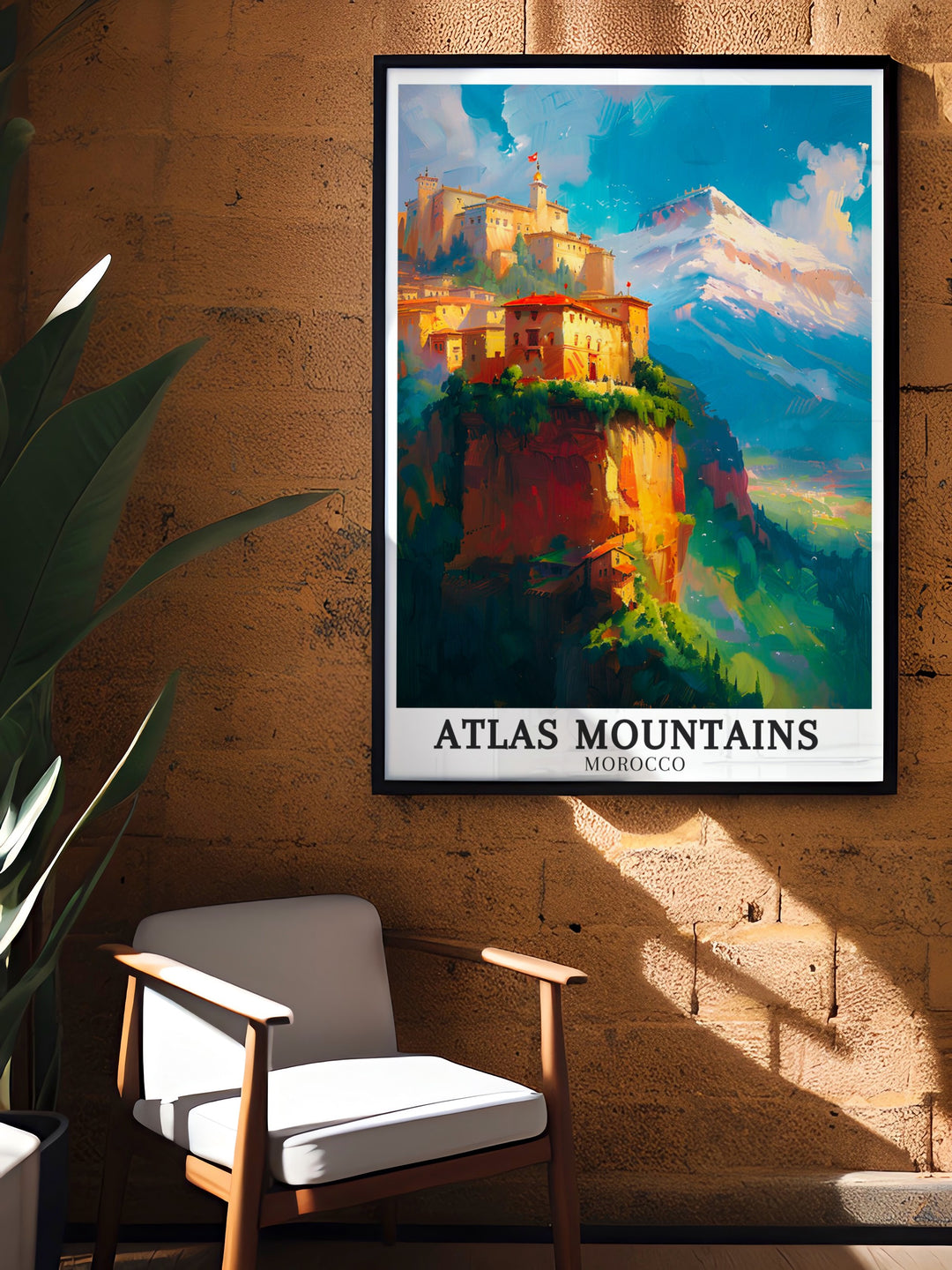 Vintage travel print of Chefchaouen Morocco highlighting the blue washed streets with the towering Mount Toubkal Imlil Valley in the background an ideal piece for those who appreciate retro travel posters and the beauty of Moroccan landscapes