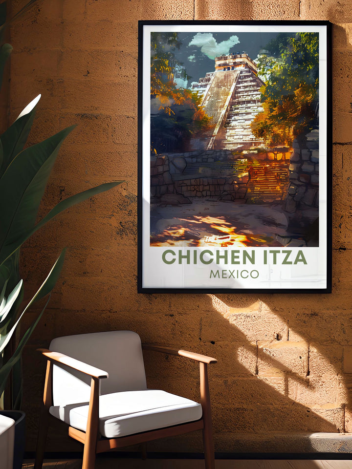 Transform your space with this Chichen Itza travel poster. Ideal for adding a touch of Mexican heritage to your decor. This print captures the beauty of Chichen Itza and is perfect for Mexico wall art enthusiasts and history lovers.