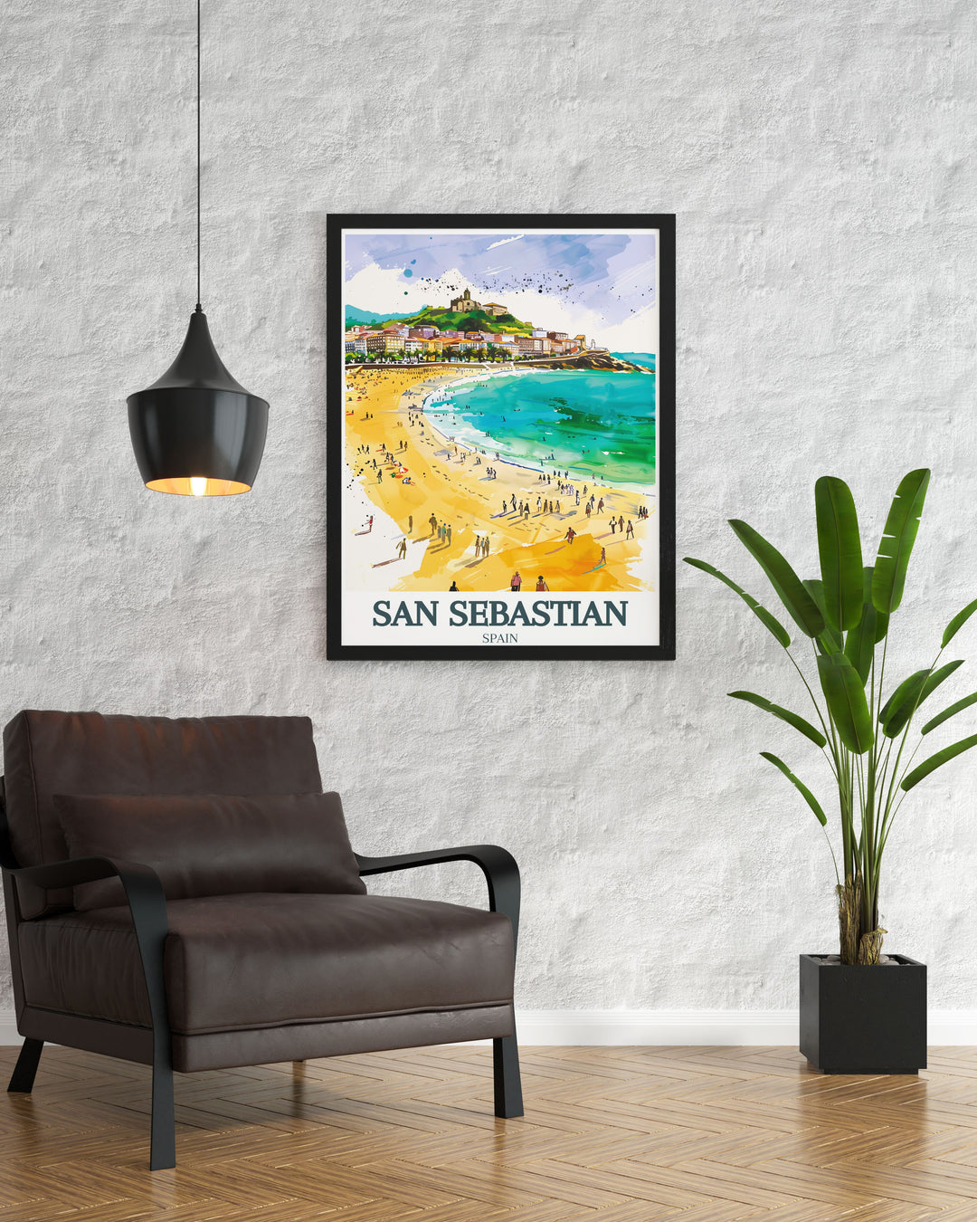 La Concha Beach and Monte Igueldo featured in this stunning San Sebastian wall art offering a vibrant look at the citys iconic landmarks. This colorful city print is ideal for creating a modern and stylish atmosphere in your living room or office.