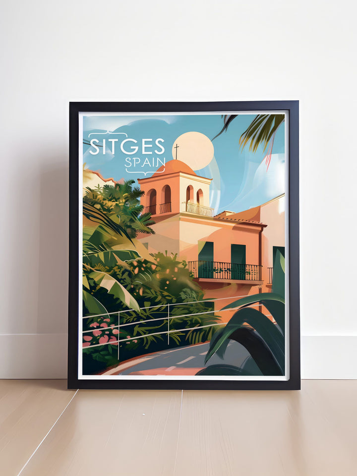 Featuring the stunning Church of Sant Bartomeu i Santa Tecla, this Sitges travel print is ideal for anyone who loves Spanish architecture and seaside towns. The intricate details and vivid colors make it a perfect piece for your wall décor or as a thoughtful gift.