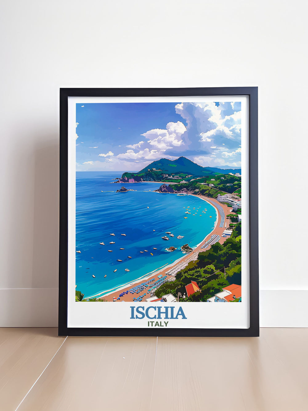 A detailed Ischia art print, highlighting the beauty of Maronti Beachs shoreline in Italy. Perfect for anyone who loves the Mediterranean or Italian landscapes, this artwork brings a piece of Italys natural beauty into your home. Ideal for gifting.