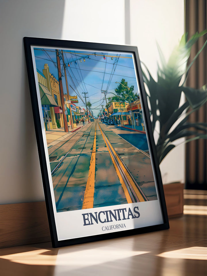 Encinitas gift idea with a beautiful vintage poster of Downtown Encinitas Coast Highway 101 capturing the charm and serene beauty of this coastal paradise ideal for home decor or as a thoughtful personalized gift