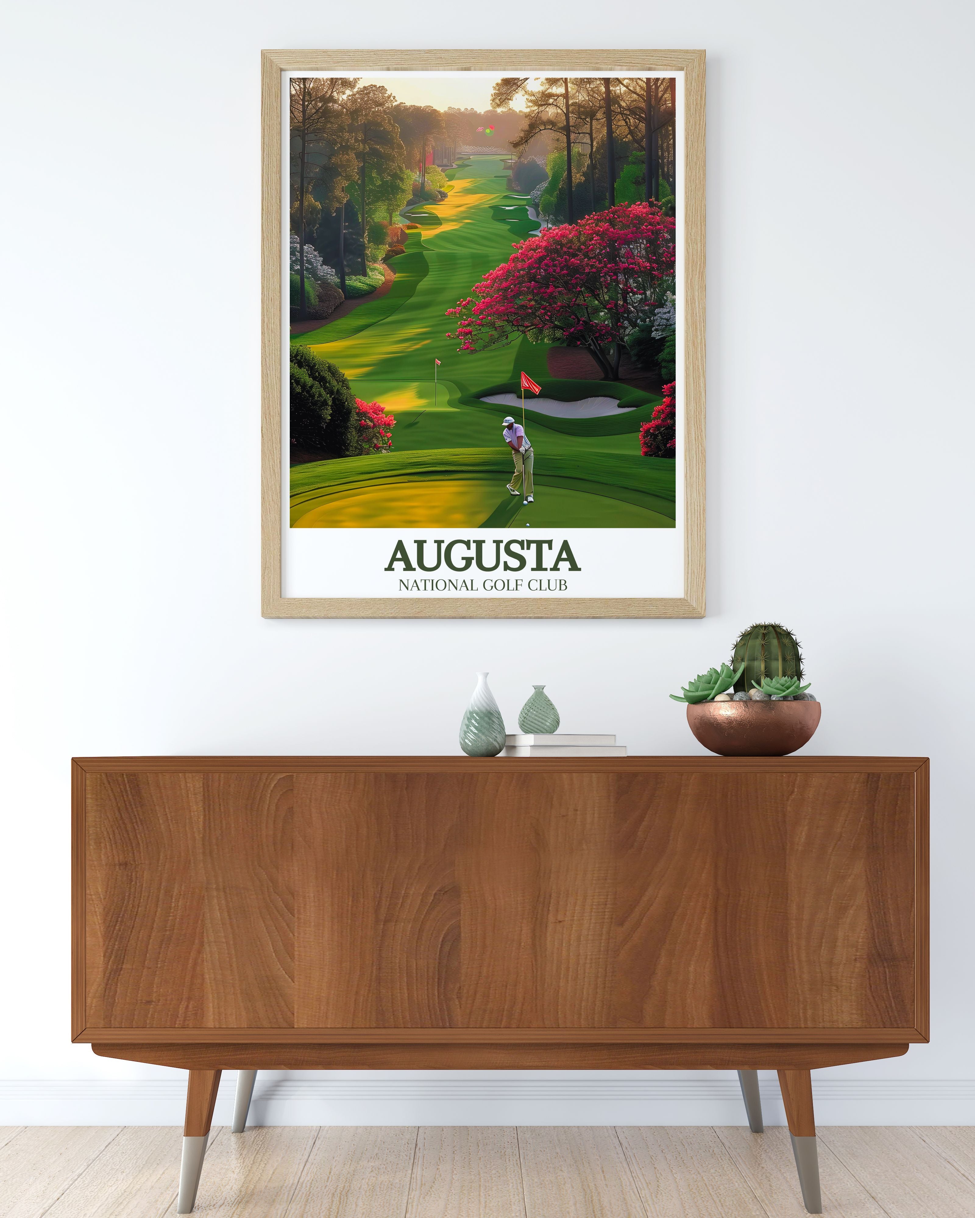 Augusta National golf course art print displayed in a styled home office setting from MapYourDreams — showing framed augusta national poster wall art in a modern interior, ideal golf gifts for men, augusta national art prints for home offices and man caves