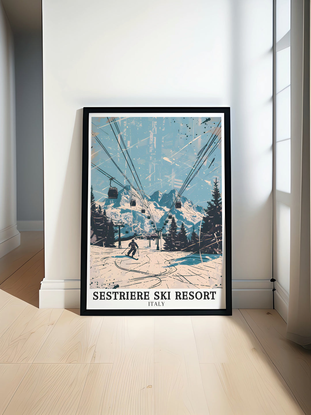 Mountain poster of Sestriere Ski Resort in the Italian Alps. This art print captures the breathtaking landscapes and vibrant atmosphere of the Sestriere Vialattea Ski Area. Perfect for travel enthusiasts and lovers of winter sports.