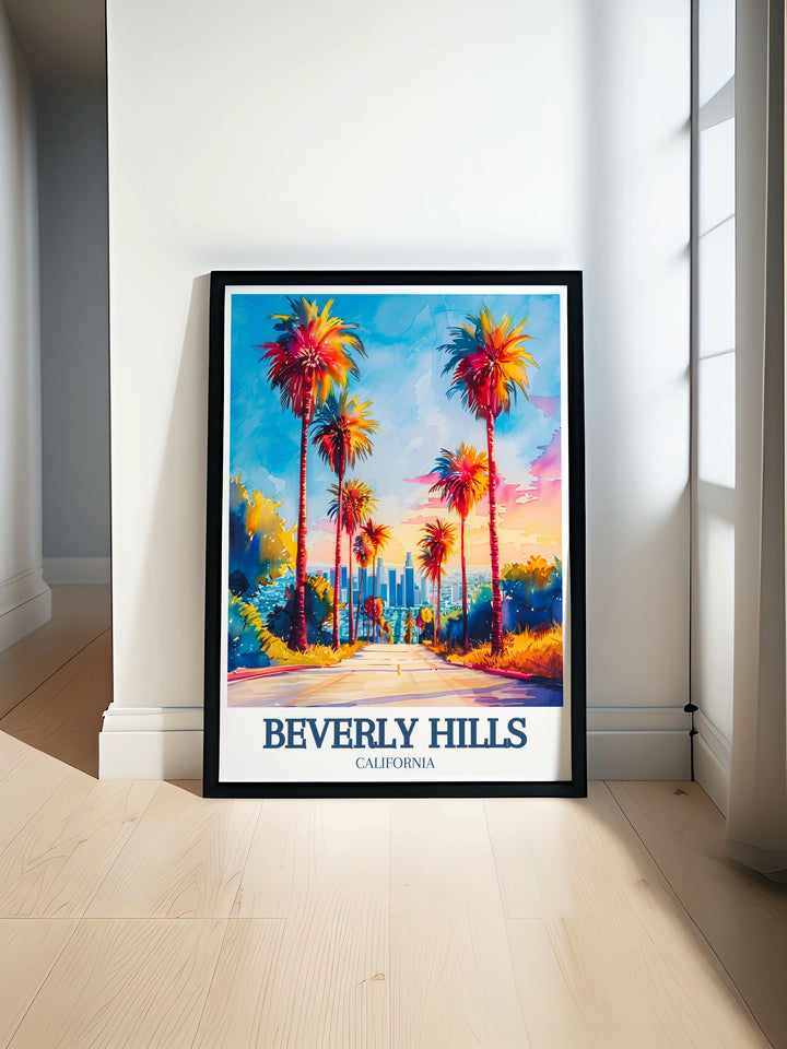 Stylish map of Beverly Hills, featuring key landmarks such as Sunset Boulevard and the Los Angeles cityscape. Perfect for gifts or home decor, this print offers a unique representation of one of Californias most glamorous regions. hills with palm trees
