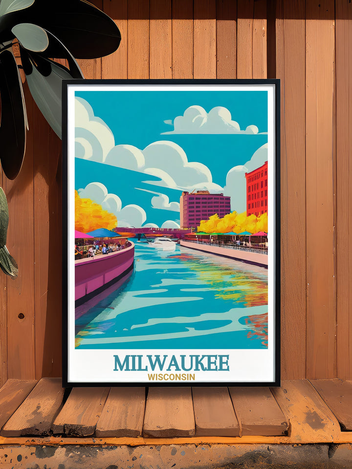 This Milwaukee travel print offers a vibrant depiction of the citys skyline alongside the peaceful Milwaukee Riverwalk. Ideal for anyone who loves Wisconsins unique blend of urban and natural beauty, this poster makes a great addition to any decor.