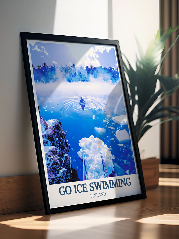 Bring the beauty of Finlands frozen lakes into your home with this Wild Swimming Print. Featuring Lake Inari, its ideal for outdoor adventurers and nature lovers alike, offering a serene yet thrilling glimpse into cold water swimming.