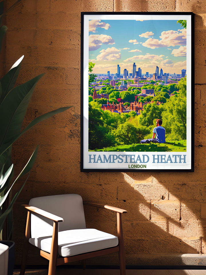 A detailed Hampstead Heath poster featuring Parliament Hills view over London. The framed art piece brings the serenity and charm of this iconic London park to life, perfect for any nature lover.