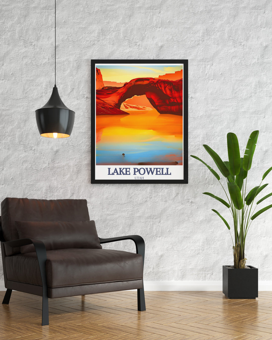 Bring the splendor of Lake Powell into your home with this travel poster featuring the iconic Rainbow Bridge and Glen Canyon. The perfect way to showcase your love for nature, this print adds a touch of serenity and adventure to your space.