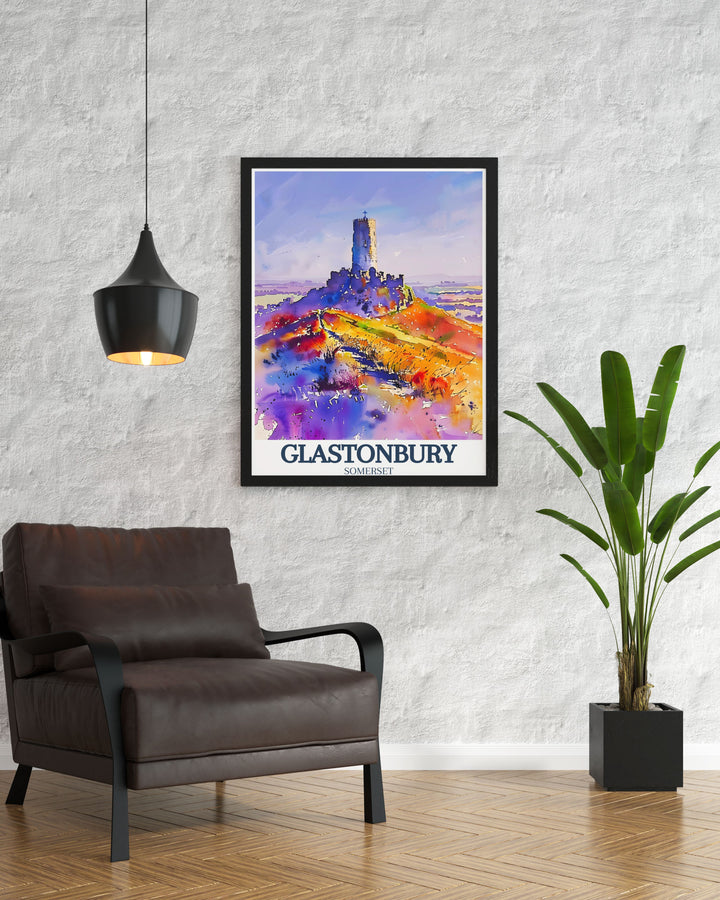Exquisite Glastonbury Tor artwork capturing St. Michaels tower and Somerset levels perfect for lovers of UK art and those looking for distinctive Glastonbury gifts or England travel art to add elegance to their home.