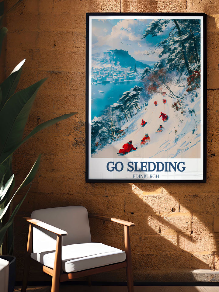 Framed art print illustrating a fun filled winter day at Arthurs Seat, with detailed illustrations of sledders navigating the snowy terrain.