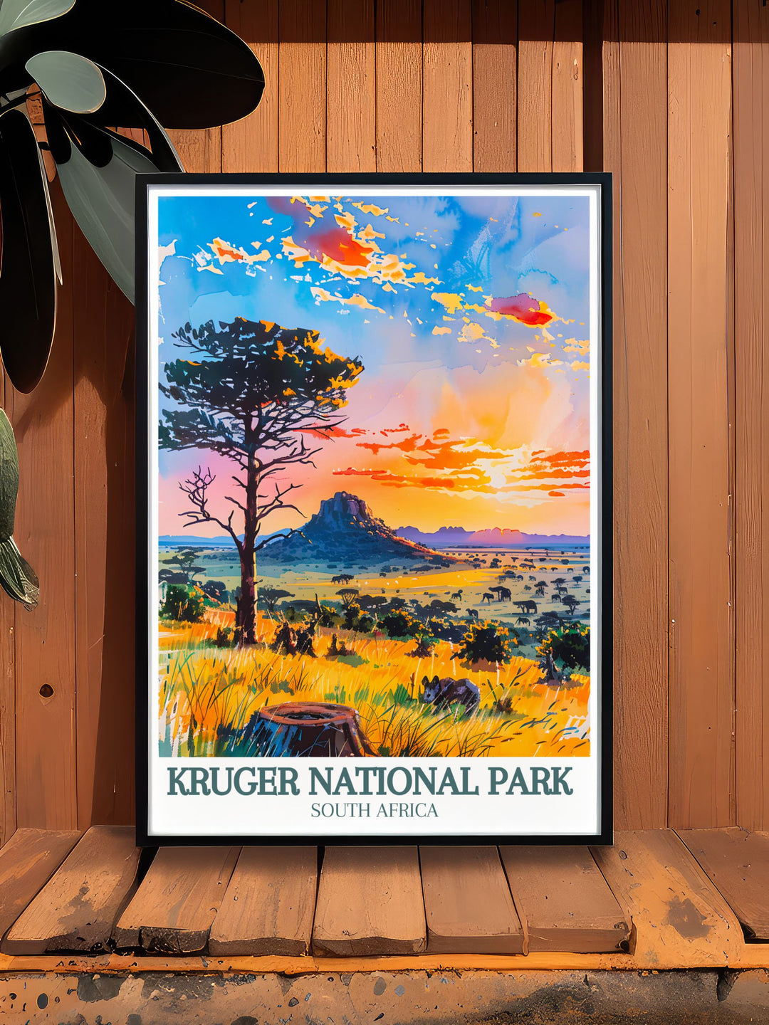 The majestic Kruger National Park, spanning nearly 20,000 square kilometers, is highlighted in this travel poster. Ideal for those who appreciate wildlife and natural beauty, this artwork brings the spirit of African safaris into your home.