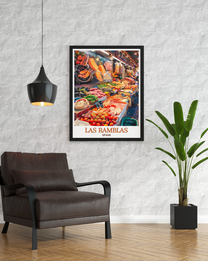 Bring the heart of Barcelona into your home with this art print of Las Ramblas, highlighting the vibrant life and unique architecture that make this street a must visit destination. A perfect gift for anyone who loves Spain.