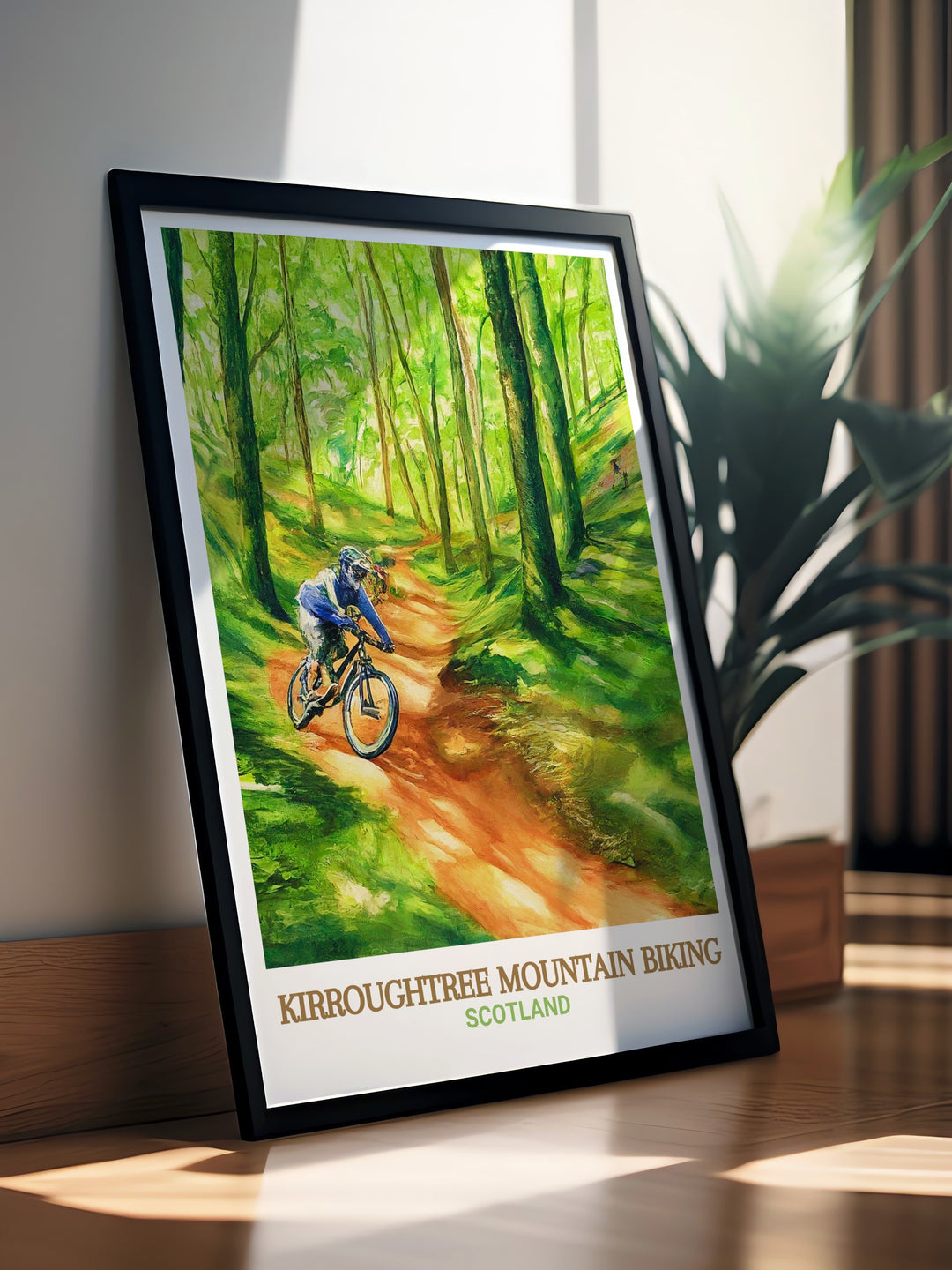 Kirroughtree 7stanes mountain biking travel poster depicting the excitement of riding through the scenic trails of Galloway Forest Park. This framed art captures the essence of the outdoor adventure, perfect for those who love nature and biking.