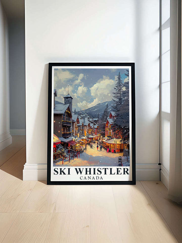 The majestic mountains and vibrant village of Whistler are highlighted in this vibrant travel poster, showcasing the natural beauty and thrilling winter sports opportunities of Canada.