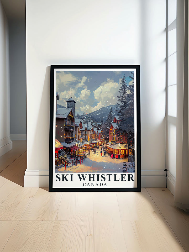 Transport yourself to the snowy peaks of Whistler and the inviting atmosphere of Whistler Village with this stunning travel print. Ideal for those who cherish winter adventures or have fond memories of skiing in Canada, this poster adds warmth and excitement to any room.