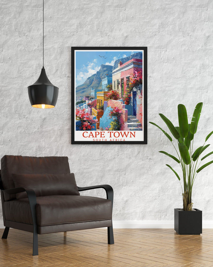 Vintage Cape Town travel print showcasing Table Mountain and Bo Kaap. This framed print captures the beauty of South Africas most famous national park and the colorful streets of Cape Town. Perfect for elegant home decor and travel enthusiasts.