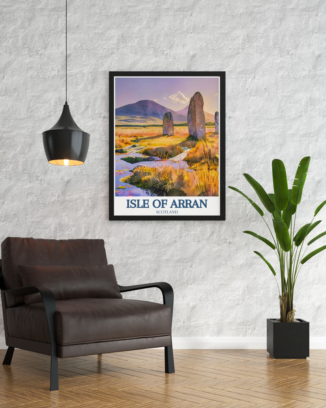 A travel poster showcasing the majestic Goatfell on the Isle of Arran, Scotland, highlighting its rugged beauty and panoramic views, perfect for adding a touch of adventure to your home decor.