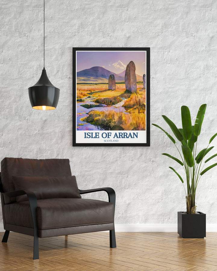 The Isle of Arran captured in a stunning poster print, showcasing its breathtaking landscapes and unique character. This artwork highlights the islands natural beauty, featuring lush hills and serene coastlines that are perfect for anyone who cherishes Scotlands charm.