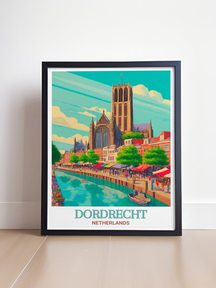 Dordrecht art print featuring the iconic Grote Kerk, highlighting the churchs intricate design and historical significance. This Netherlands travel poster is ideal for adding a classic European touch to any decor.