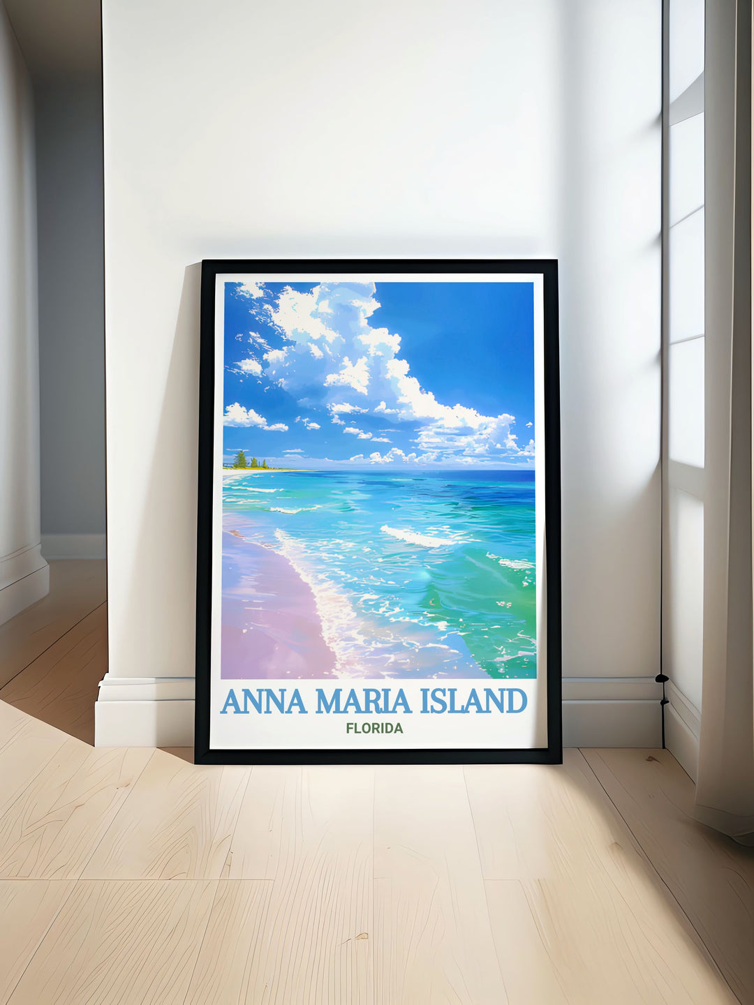 Experience the serene beauty of Florida with this Bean Point Beach art print featuring the tranquil waters and stunning views of Anna Maria Island. Perfect for adding a coastal vibe to your home decor this Florida artwork complements any living space.