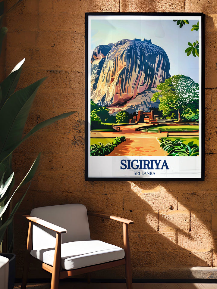 Sigiriya travel poster showcasing the awe inspiring Lions Rock, a symbol of Sri Lankas rich heritage. The detailed artwork offers a glimpse into the ancient world with its elaborate architecture and surrounding gardens, ideal for those who appreciate culturally significant art.