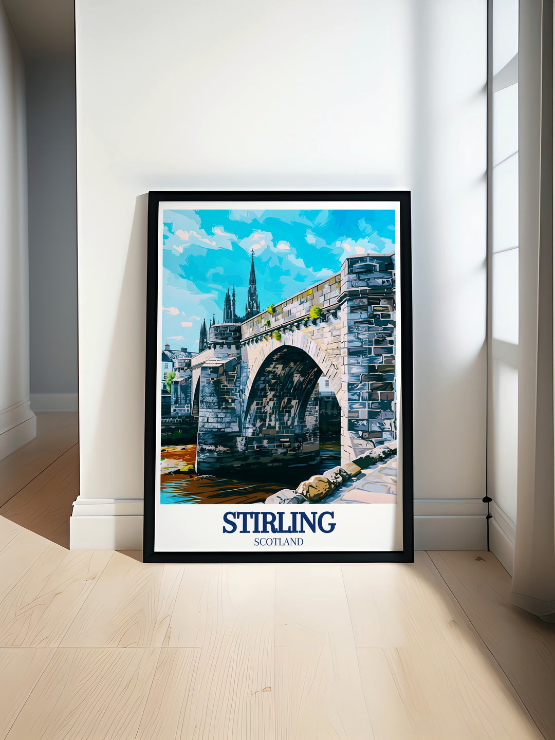 A stunning art print of Stirling, showcasing the famous Stirling Bridge and Abbey Craig. The travel poster highlights the beauty of Scotlands landscape and its storied past, making it ideal for those looking to add a touch of history and nature to their home decor.