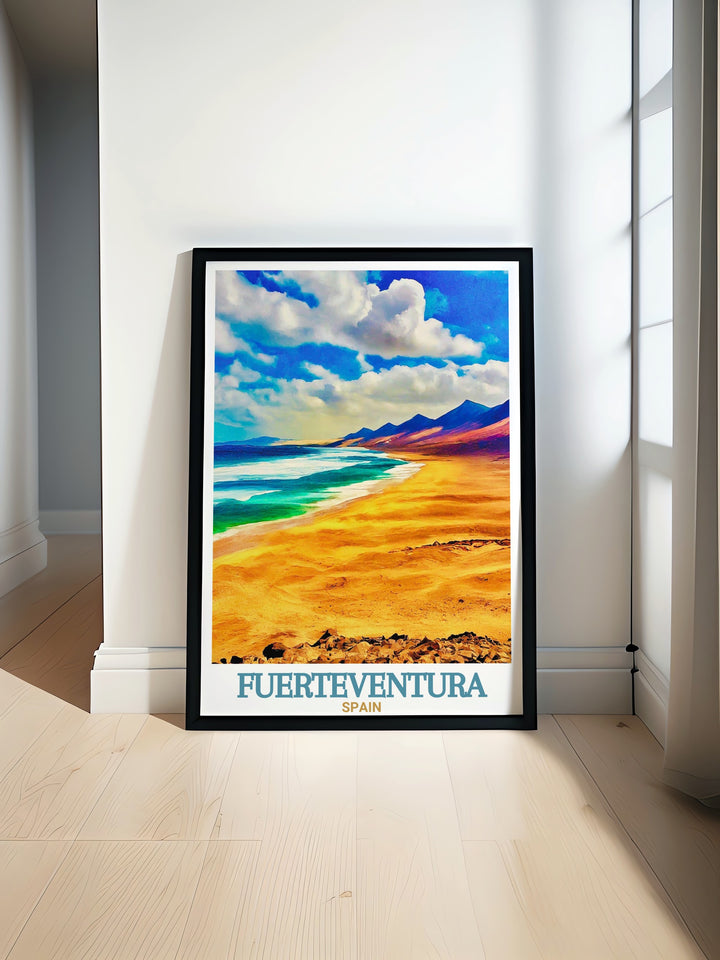 Bring the serene charm of Fuerteventuras Cofete Beach to your home with this beautiful wall art. Perfect for lovers of coastal landscapes and Canary Islands travel, this poster offers a touch of Spains unspoiled coastline.