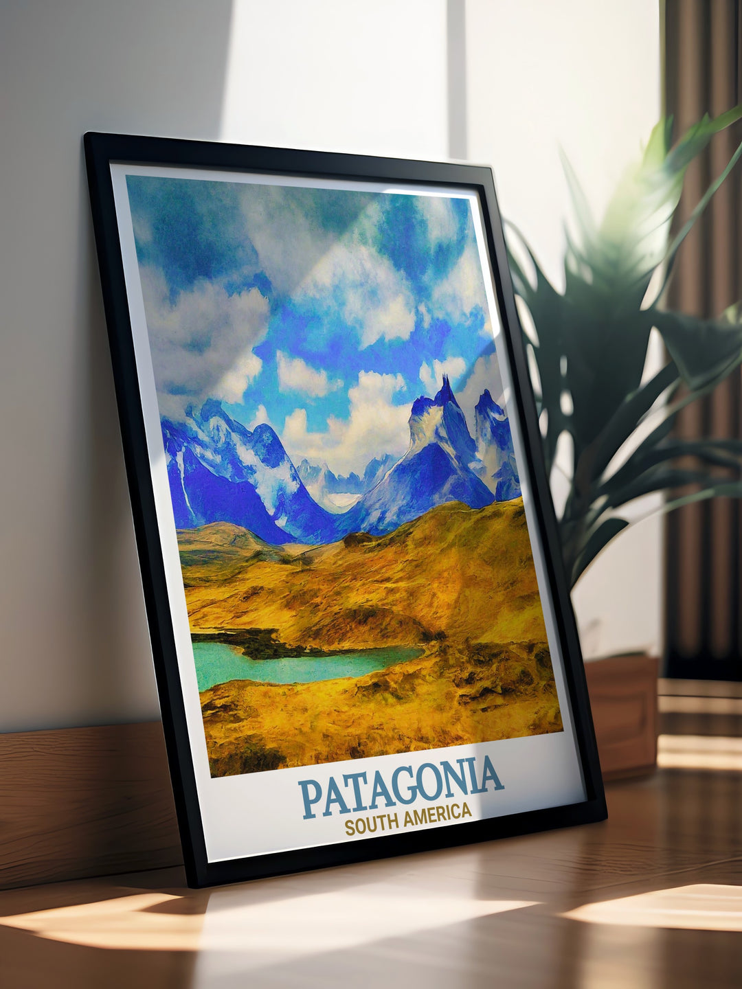 Vibrant Chile wall art of Torres del Paine National Park. Showcases the iconic Cuernos Del Paine and stunning natural landscapes. A must have for South American art collectors and home decor enthusiasts.