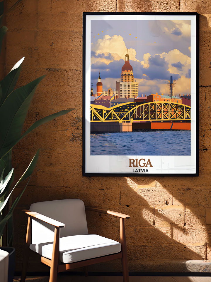 Latvia travel print showing the tranquil Daugava River in Riga. This artwork is ideal for adding a touch of nature and Latvian culture to your home, making it a meaningful gift or a beautiful addition to your personal art collection.