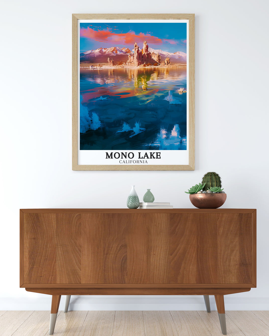 Stunning Mono Lake Poster featuring the Sierra Nevada Mountains and Mono County. Perfect for adding a touch of California decor to your home this print captures the natural beauty of the region and makes a great gift for travelers and art lovers.