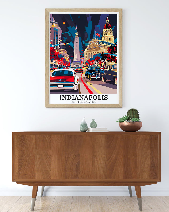 Soldiers and Sailors Monument Art Prints. Featuring detailed illustrations of the Soldiers and Sailors Monument and Indiana Statehouse, these art prints are perfect for anyone looking to add a touch of Indianas history to their home. Ideal for Indiana wall art and historic decor.