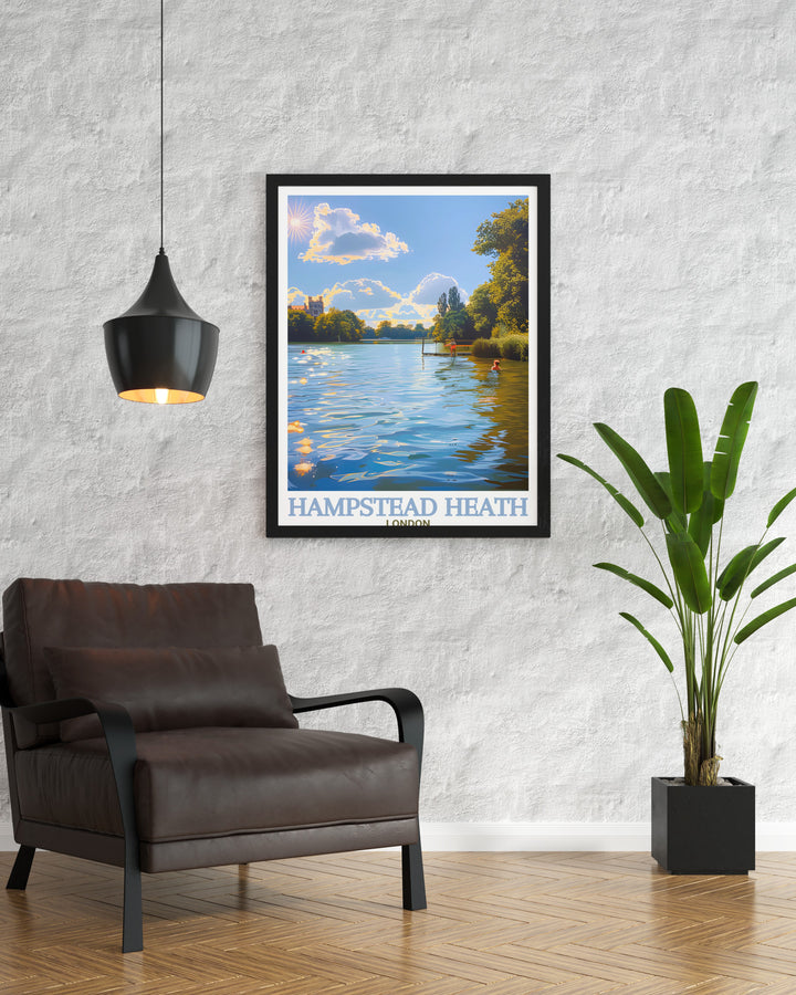 A travel print that captures Hampstead Heaths famous parklands, alongside the calming waters of Hampstead Ponds. This wall art is ideal for those who appreciate the quiet beauty of Londons outdoor spaces.