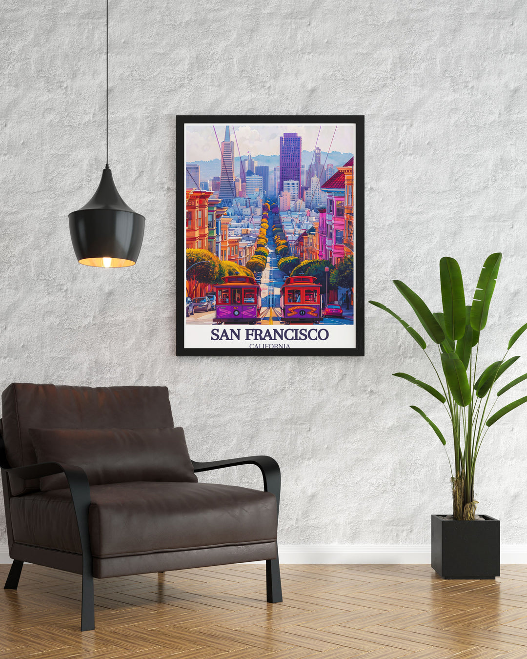 A stunning travel print of Taylor Street leading to the Golden Gate Bridge, this piece encapsulates San Franciscos unique charm. Perfect for fans of California art and those who love urban landscapes.