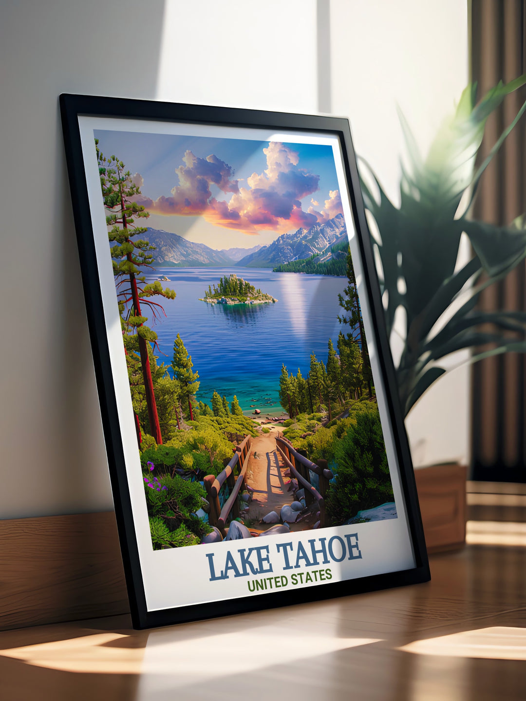 The Lake Tahoe Framed Art showcases the natural beauty of Emerald Bay State Park, with its deep blue waters and rugged shoreline. This travel poster is ideal for anyone looking to add a peaceful and scenic touch to their home or as a thoughtful gift for nature enthusiasts.