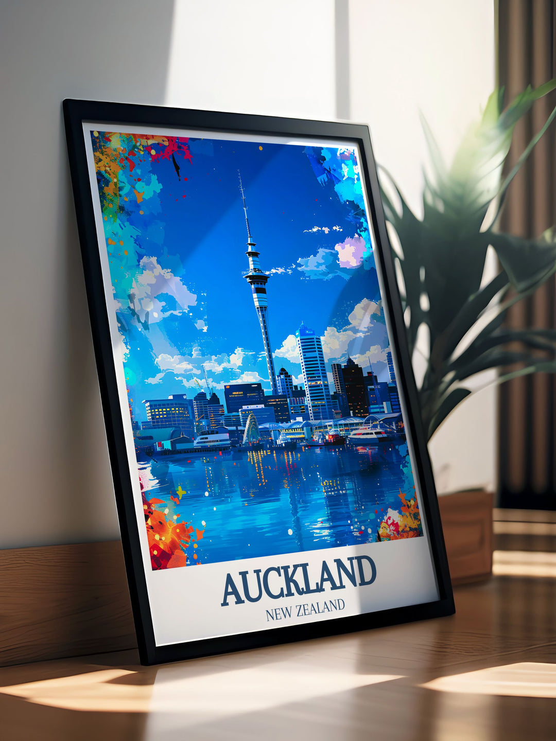 Captivating digital download of Aucklands skyline, featuring the iconic Sky Tower and the serene Waitematā Harbour. This print captures the essence of New Zealands largest city, making it a perfect addition to any art collection or as a travel memento.