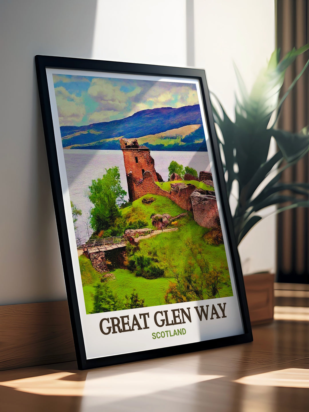 Urquhart Castle modern art featuring the historic ruins on the shores of Loch Ness this artwork captures the natural beauty of the Scottish Highlands perfect for adding a touch of Scottish history and hiking art to your living room decor