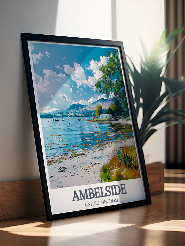 Vintage travel poster of Ambleside, England, highlighting the picturesque Lake Windermere, ideal for adding a touch of natural charm to any space.