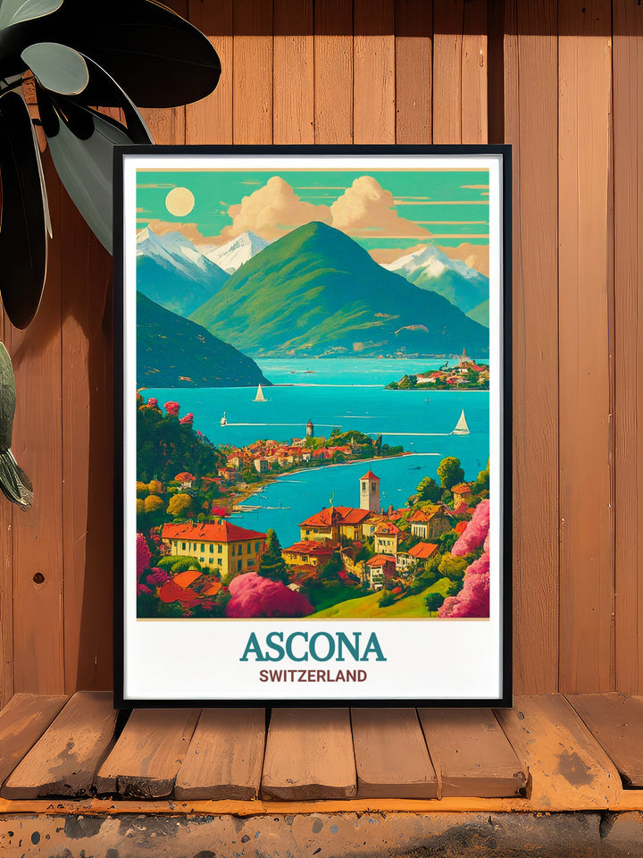 Ascona framed art featuring the picturesque town by Lake Maggiore, known for its vibrant culture and stunning lakeside views. Perfect for adding a touch of Swiss charm to your decor.